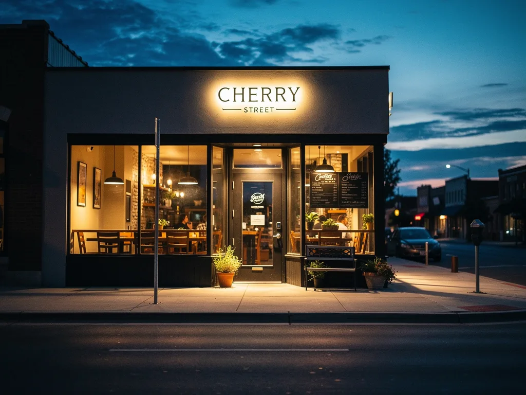 Brand video frame of a Tulsa restaurant storefront at blue hour by Tulsa Video Productions